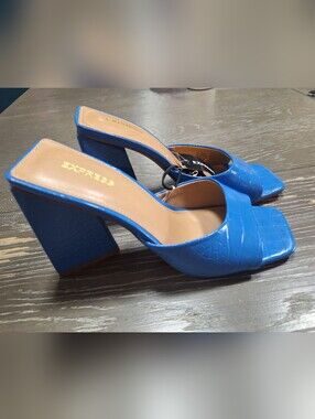 Express Women's Cobalt Blue Croc-Embossed Block4"Heel Mules, Size 8